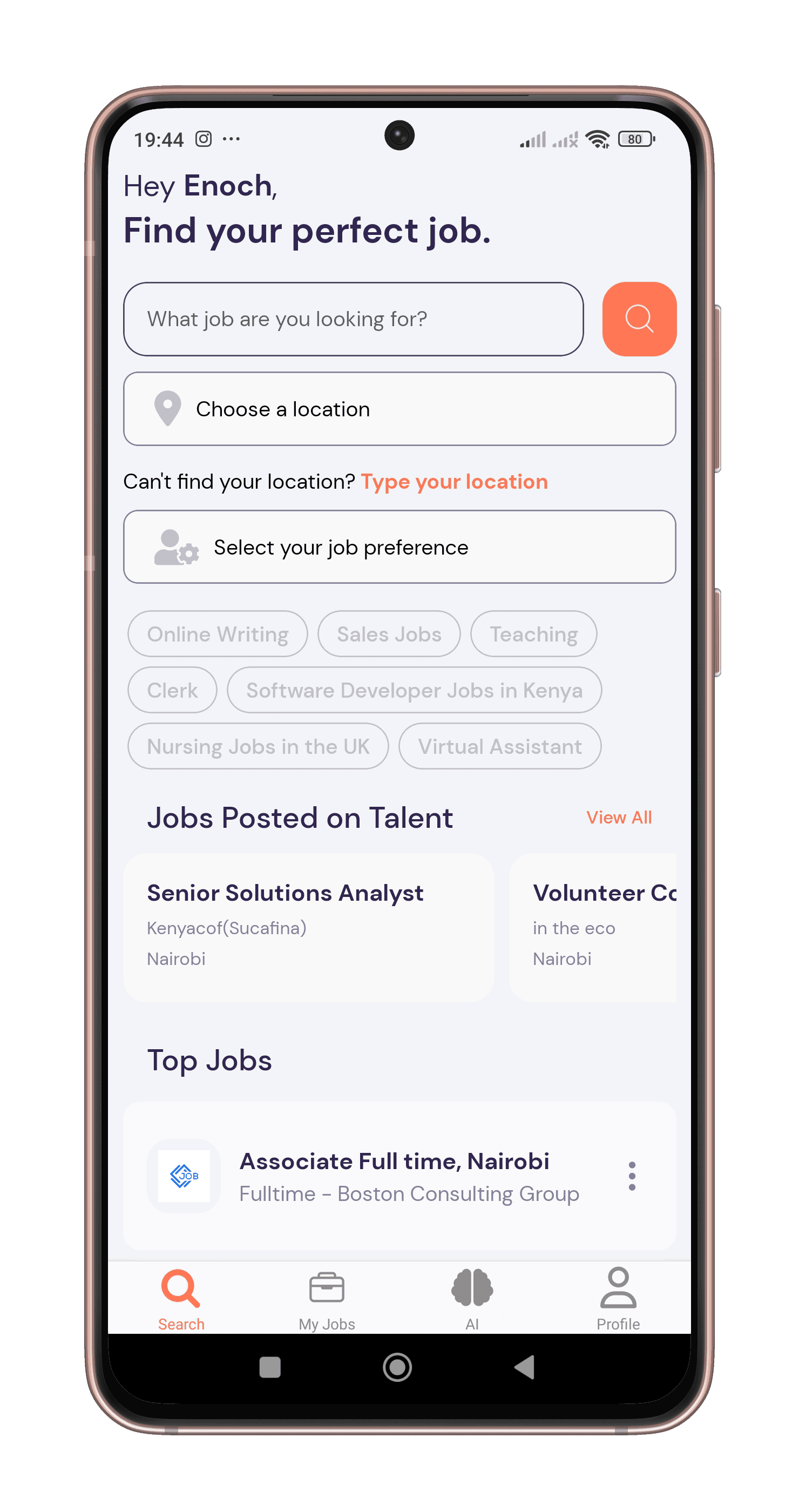 Talanta AI mobile app — job discovery screen